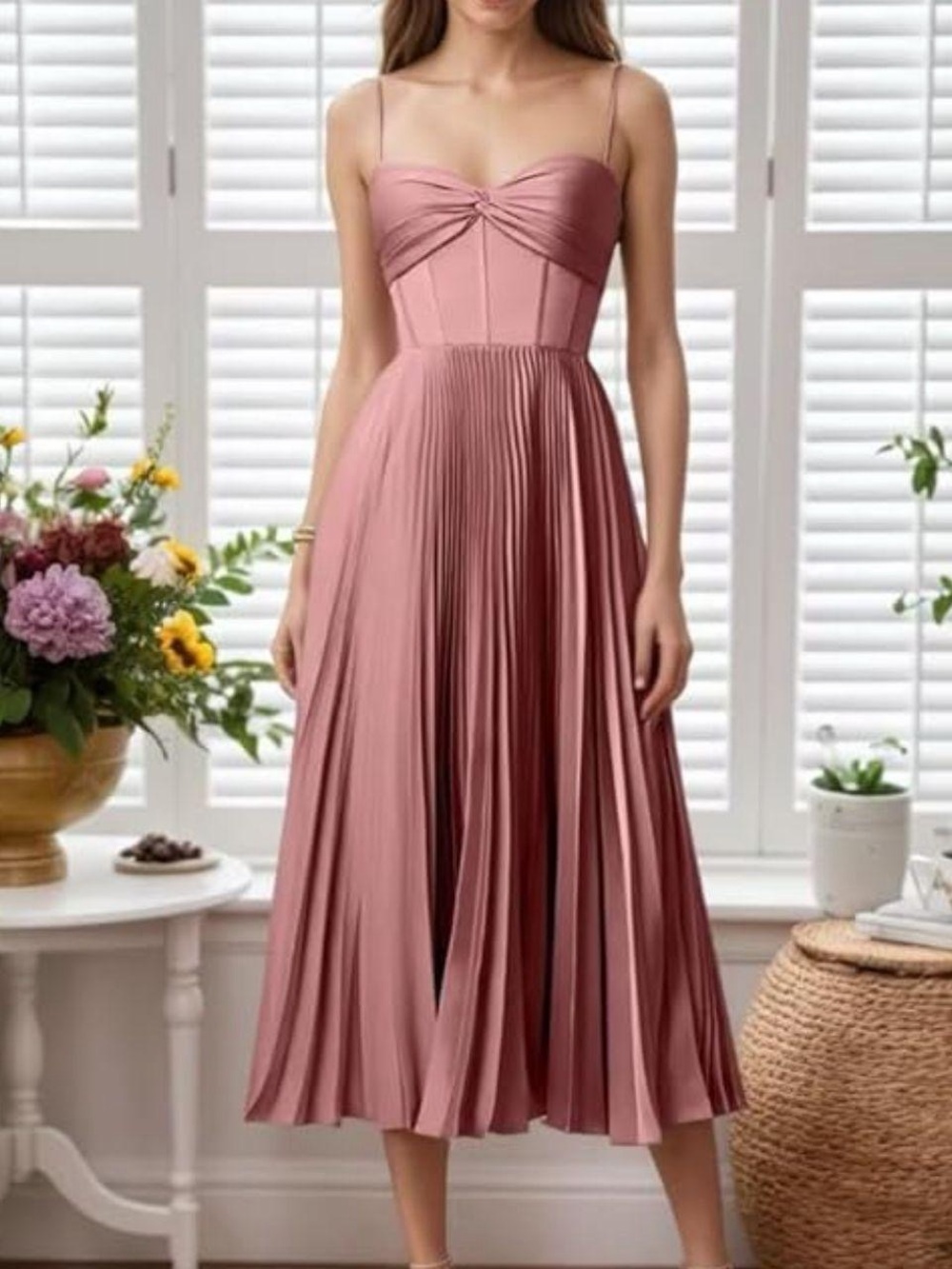 Elegant Rose-Pink Pleated Midi Dress with Spaghetti Straps